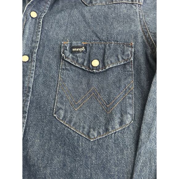 Vintage Wrangler Denim Pearl Snap Western Shirt Mens XL Sawtooth Blue Pockets - Picture 13 of 16